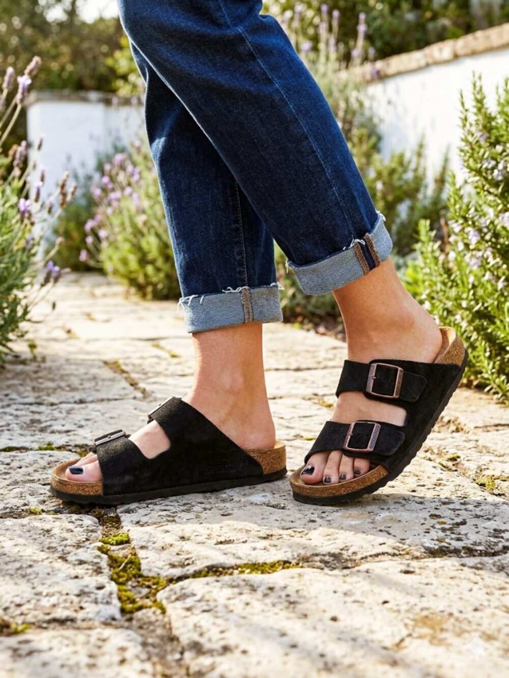 RonSport Black Leather Sandals With Metal Buckle and Cork Footbed